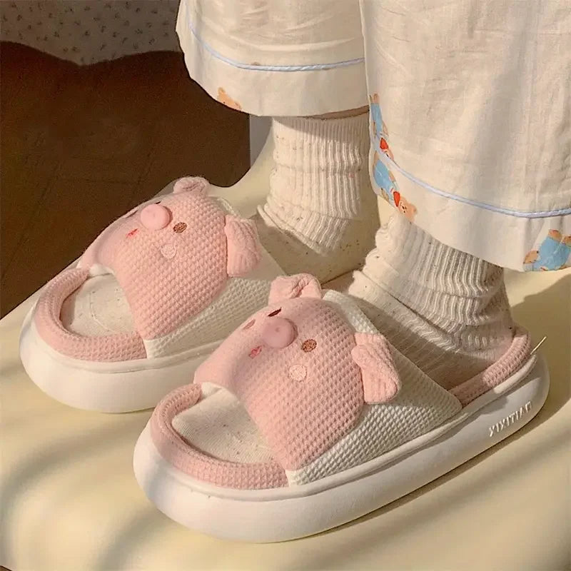 Slippers for Women Linen Cotton Home Shoes Thick Soft Sole Lovely Pig Non-slip for Outdoor for Four Seasons Korean Style Slipper
