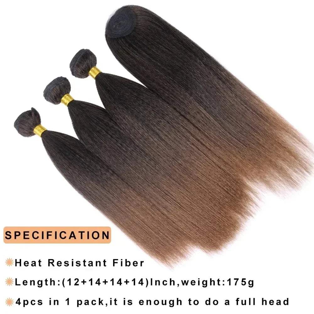 Synthetic Hair Extension Kinky Straight Bundles Grey Hair Weaving With Closure For Black Women 14 Inch 3Pieces/lot