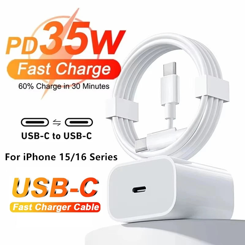 35W USB C PD Fast Wall Charger for iPhone 15 16 Pro Max 15 16 Plus Samsung Moto Huawei OPPO USB-C to Type-C Quick Charging Cable