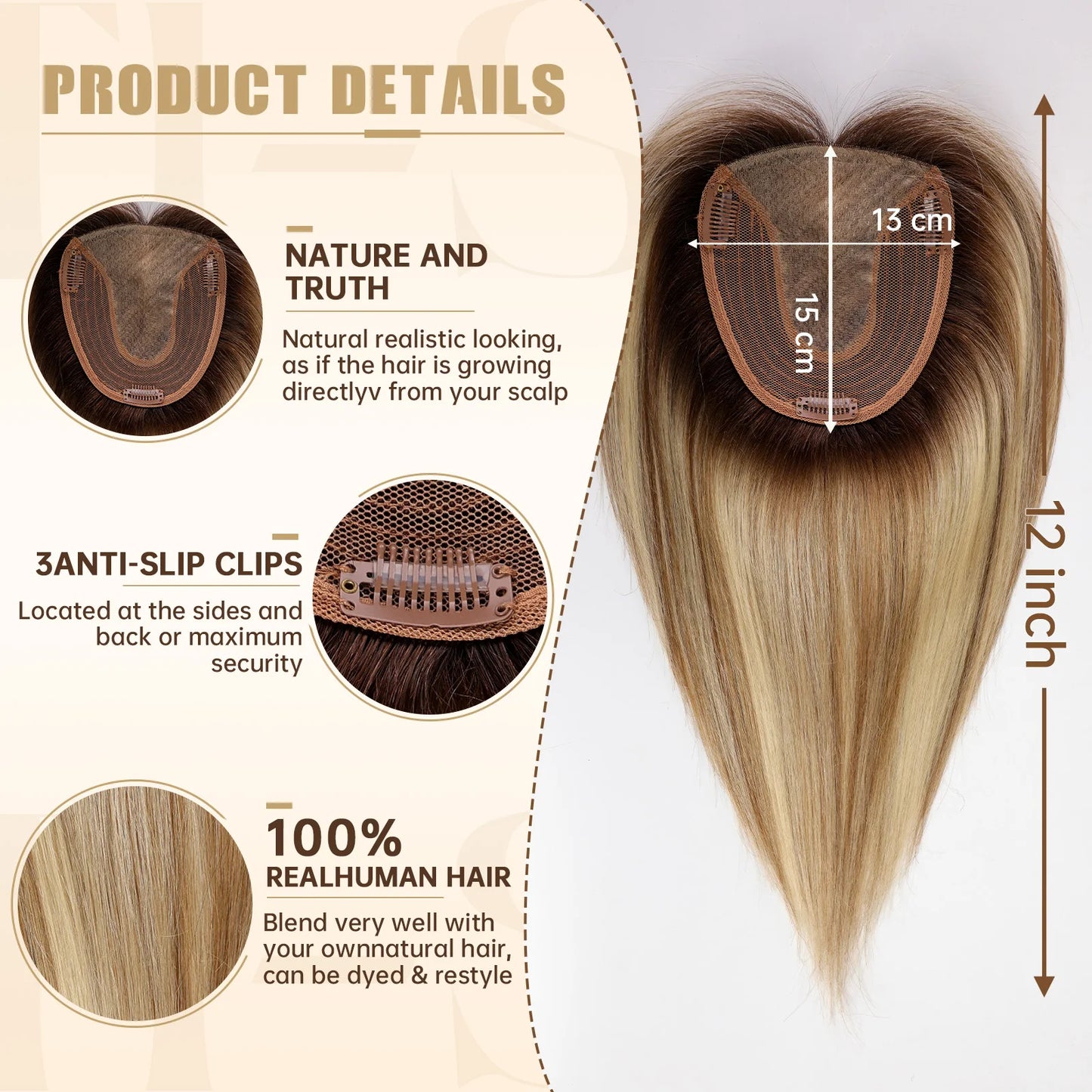 Blonde Gray Brown Remy Human Hair Toppers for Women 100% Remy Human Hairpieces Silk Base Clips in Hair Straight 12inches Toppers