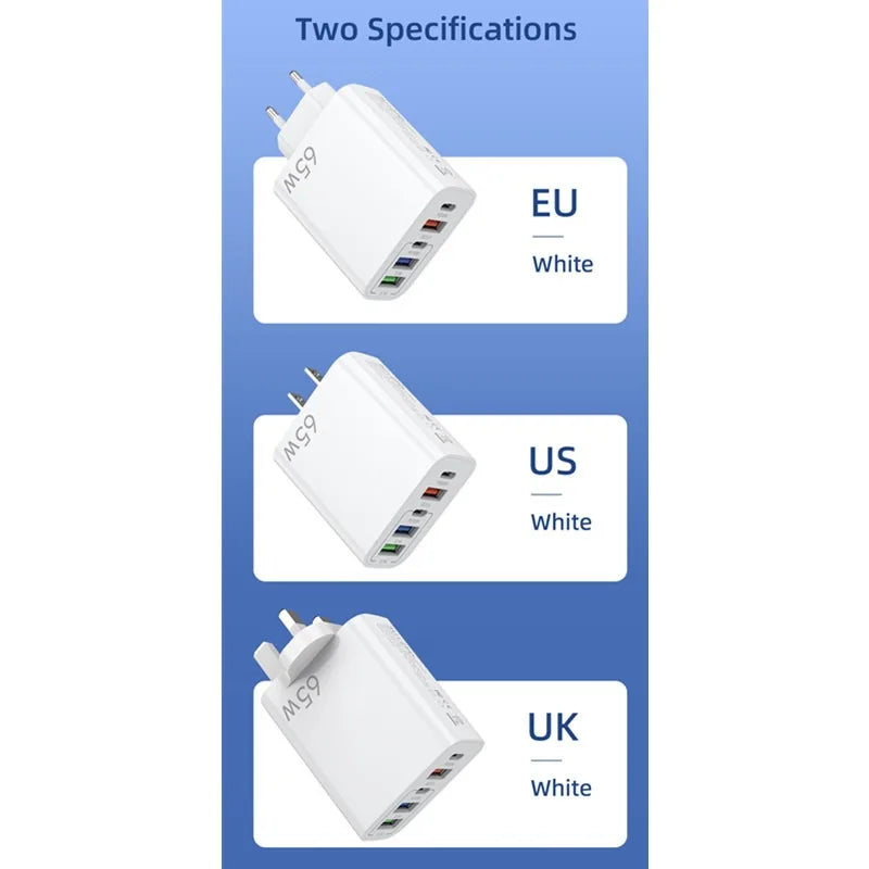65W 5Ports GaN USB Charger PD TypeC Fast Charging Wall Charger US/EU/UK Plugs for IPhone Xiaomi Samsung Oppo Quick Phone Charger
