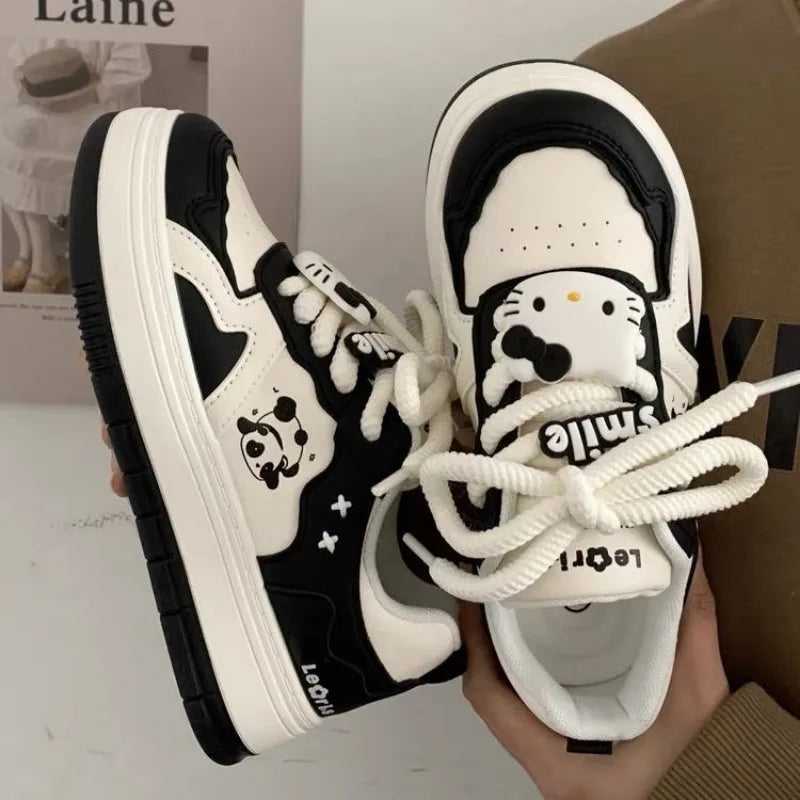 Sanrio Hello Kitty Panda Black White Kawaii Girl Bread Shoes Preppy Style Lolita Platform Sneakers Y2k Student Skateboard Shoes
