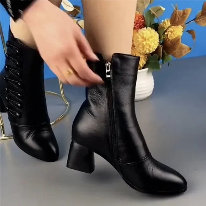 Women Boots 2024 Autumn/Winter Fashion Cotton Shoes Soft Bottom Waterproof Zipper Strap High Heel Women Plush Boots Botas Mujer