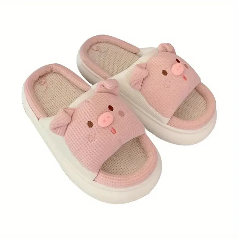 Slippers for Women Linen Cotton Home Shoes Thick Soft Sole Lovely Pig Non-slip for Outdoor for Four Seasons Korean Style Slipper