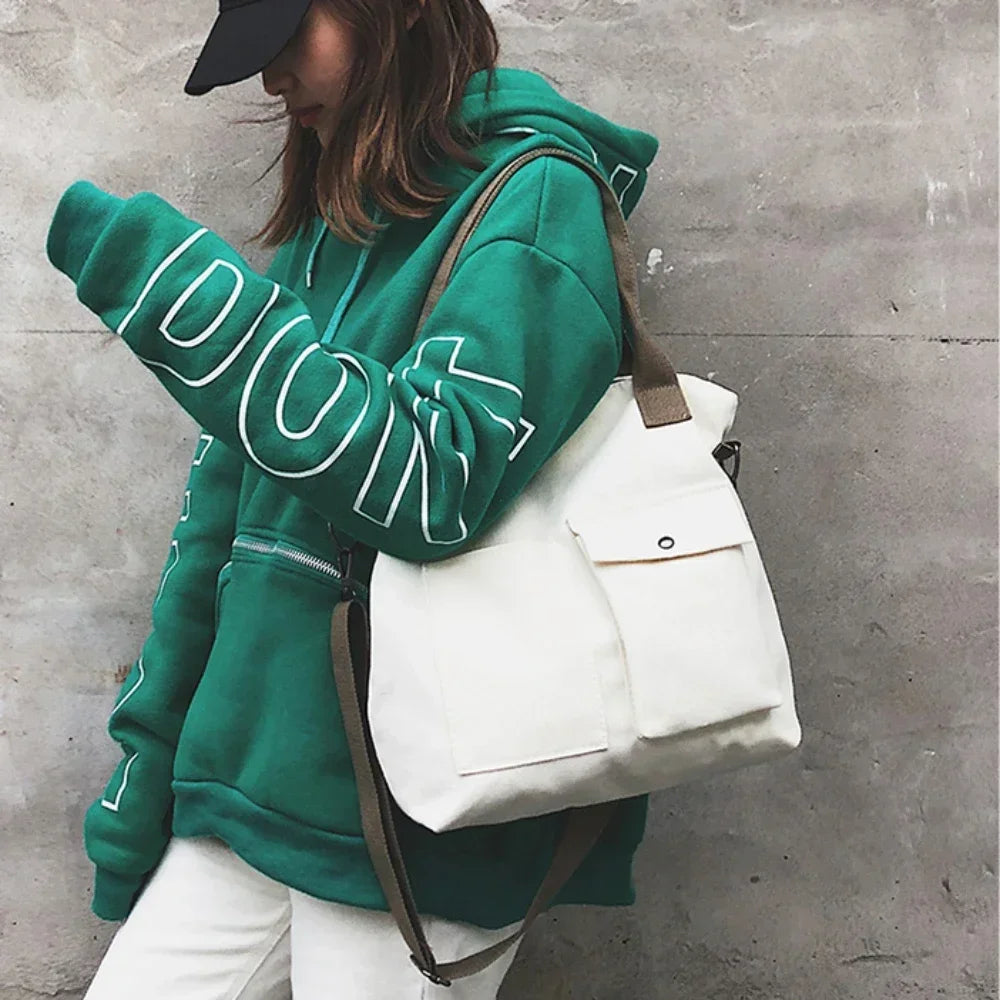 Fashion Canvas Bags students Handbag Shoulder Bag Large Capacity Solid Color Totes Shopper Bag Casual Female Cross Body Bag 2024