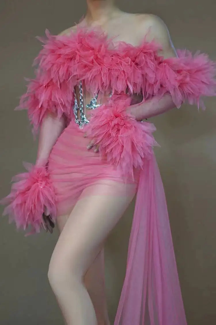 Sheer Sequins 2-Pieces Short Dress Gloves Long Tail Evening Celebrate