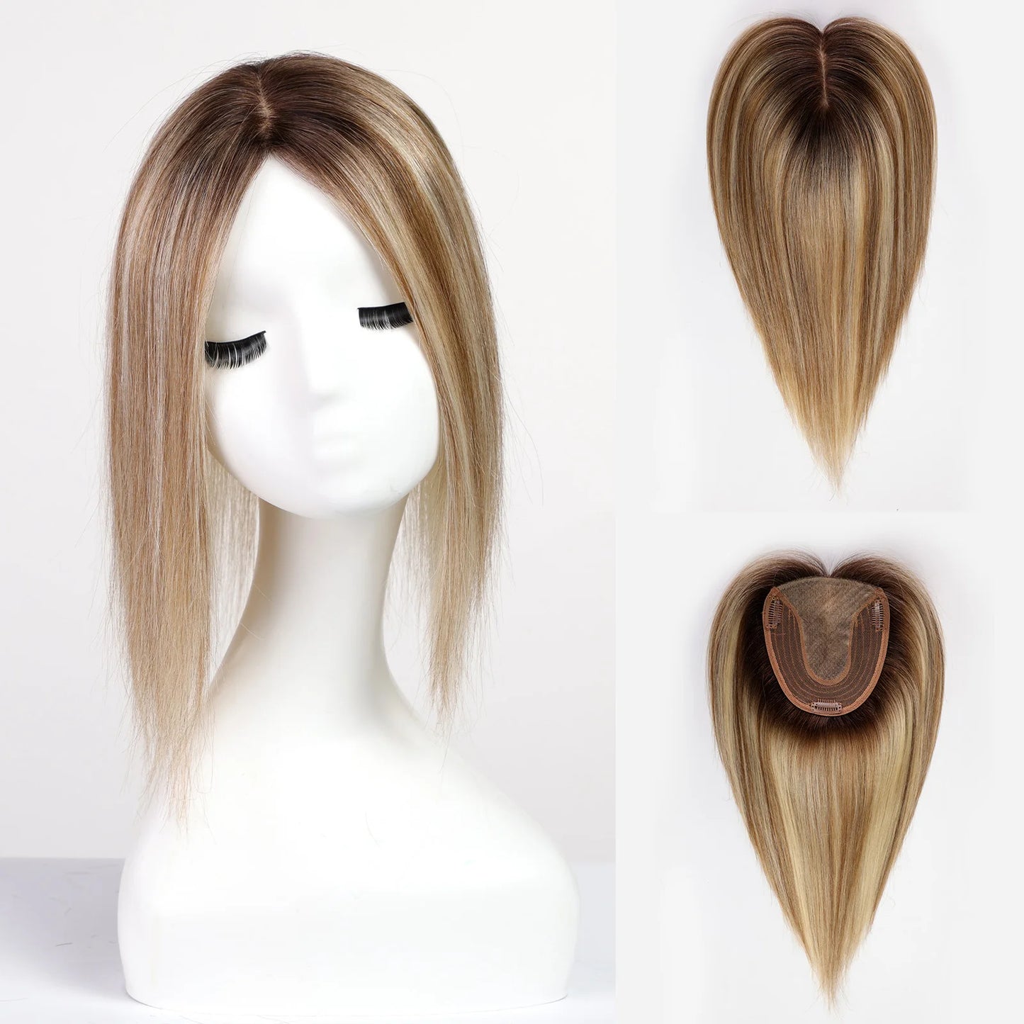 Blonde Gray Brown Remy Human Hair Toppers for Women 100% Remy Human Hairpieces Silk Base Clips in Hair Straight 12inches Toppers