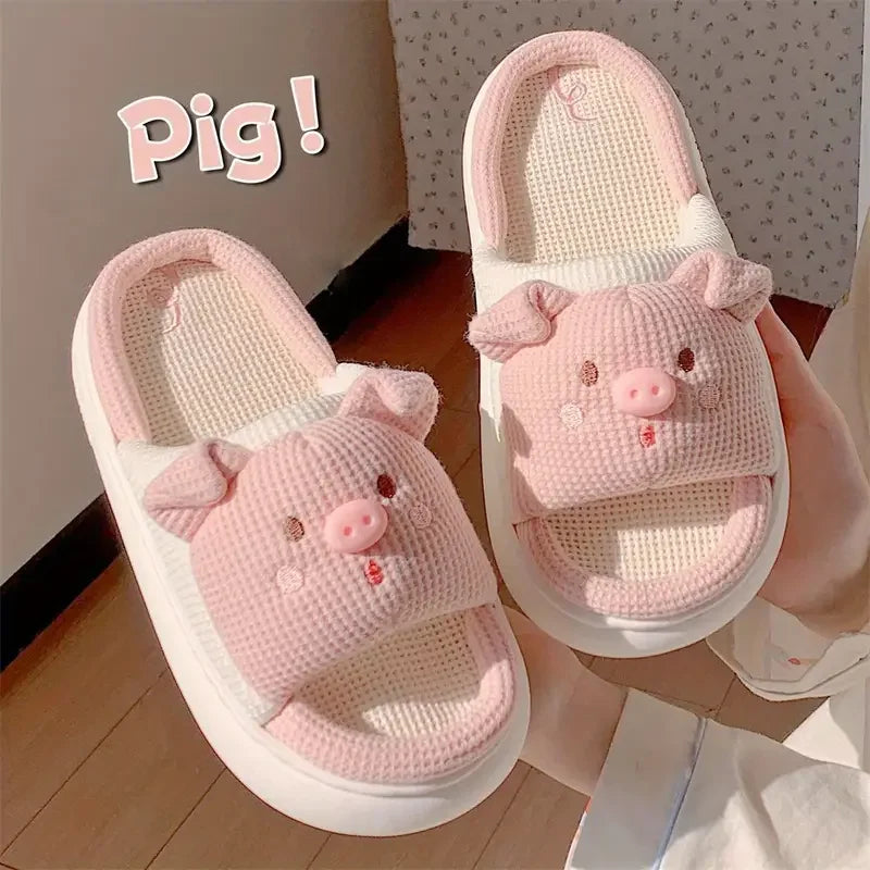 Slippers for Women Linen Cotton Home Shoes Thick Soft Sole Lovely Pig Non-slip for Outdoor for Four Seasons Korean Style Slipper