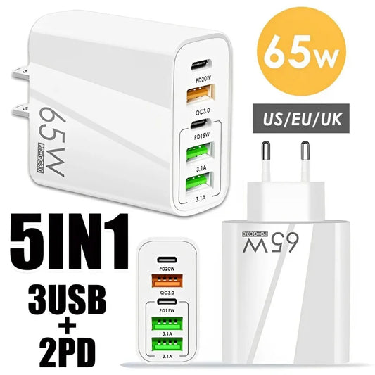 65W 5Ports GaN USB Charger PD TypeC Fast Charging Wall Charger US/EU/UK Plugs for IPhone Xiaomi Samsung Oppo Quick Phone Charger