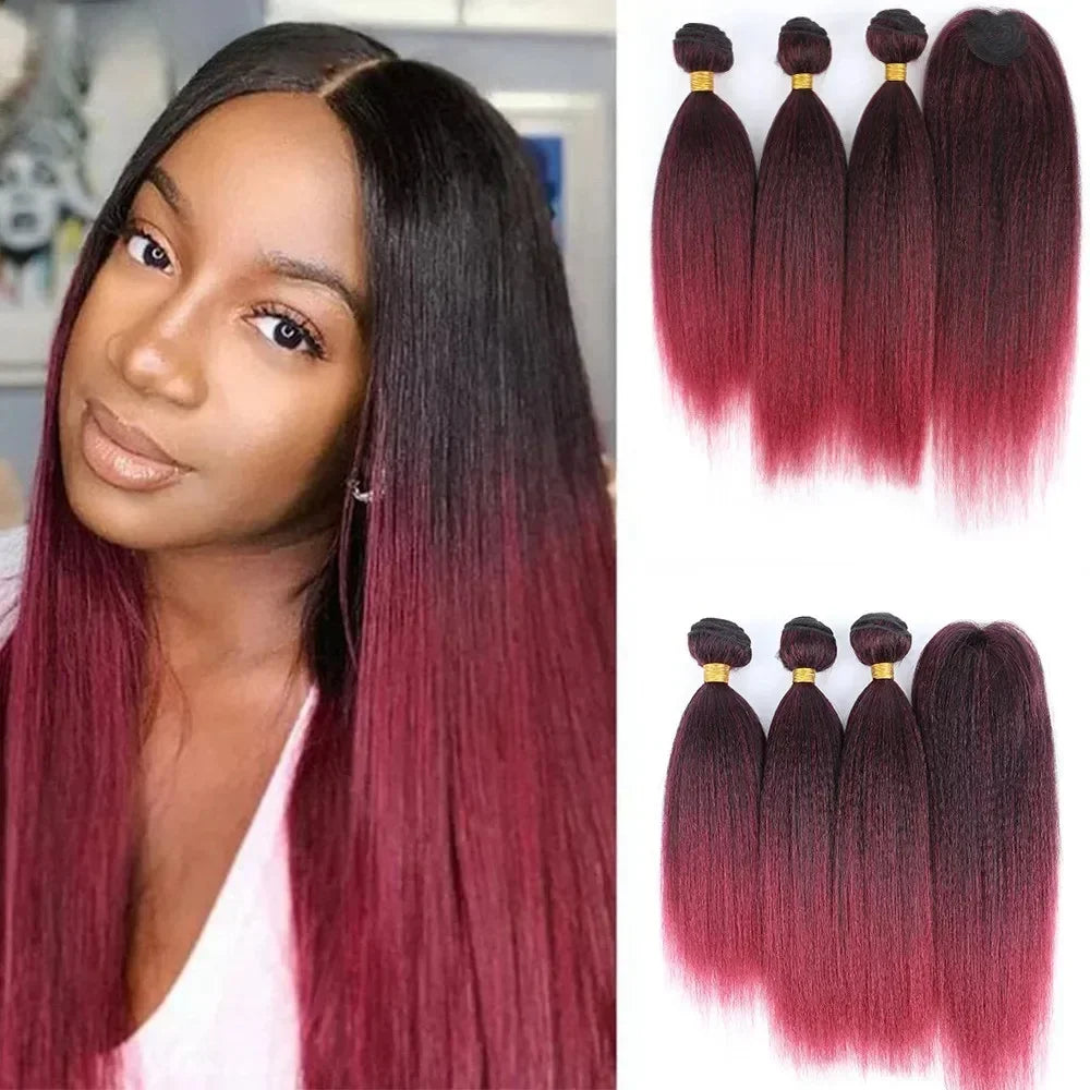 Synthetic Hair Extension Kinky Straight Bundles Grey Hair Weaving With Closure For Black Women 14 Inch 3Pieces/lot