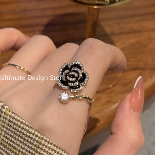 Korean Black Rose Shaped Metal Opening Rings for Woman Girls Fashion Luxury Zircon Adjustable Index Finger Rings Jewelry Party