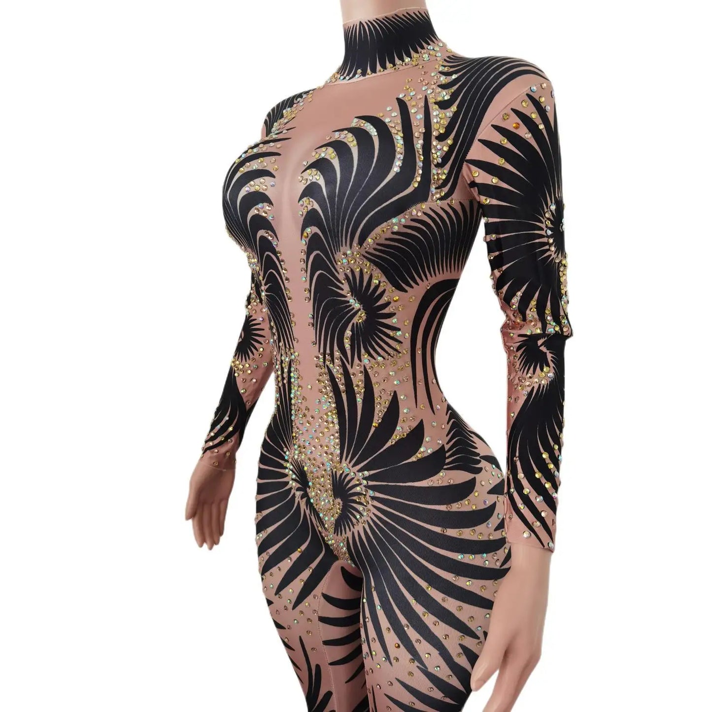 Sparkly Stone Feather Print Jumpsuit Women Sexy Party Bodysuit  Pole Dancer Performance Costume