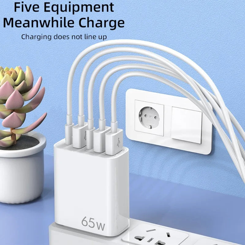 65W 5Ports GaN USB Charger PD TypeC Fast Charging Wall Charger US/EU/UK Plugs for IPhone Xiaomi Samsung Oppo Quick Phone Charger
