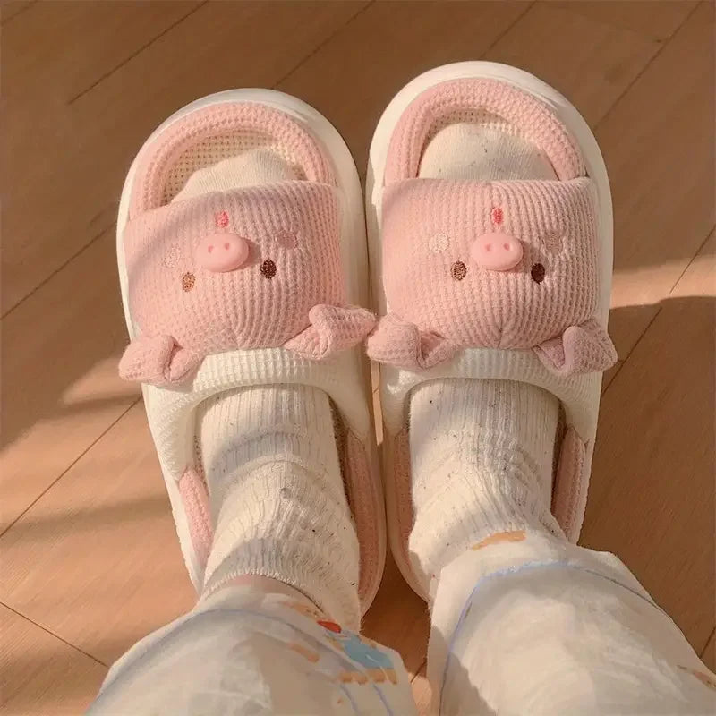 Slippers for Women Linen Cotton Home Shoes Thick Soft Sole Lovely Pig Non-slip for Outdoor for Four Seasons Korean Style Slipper