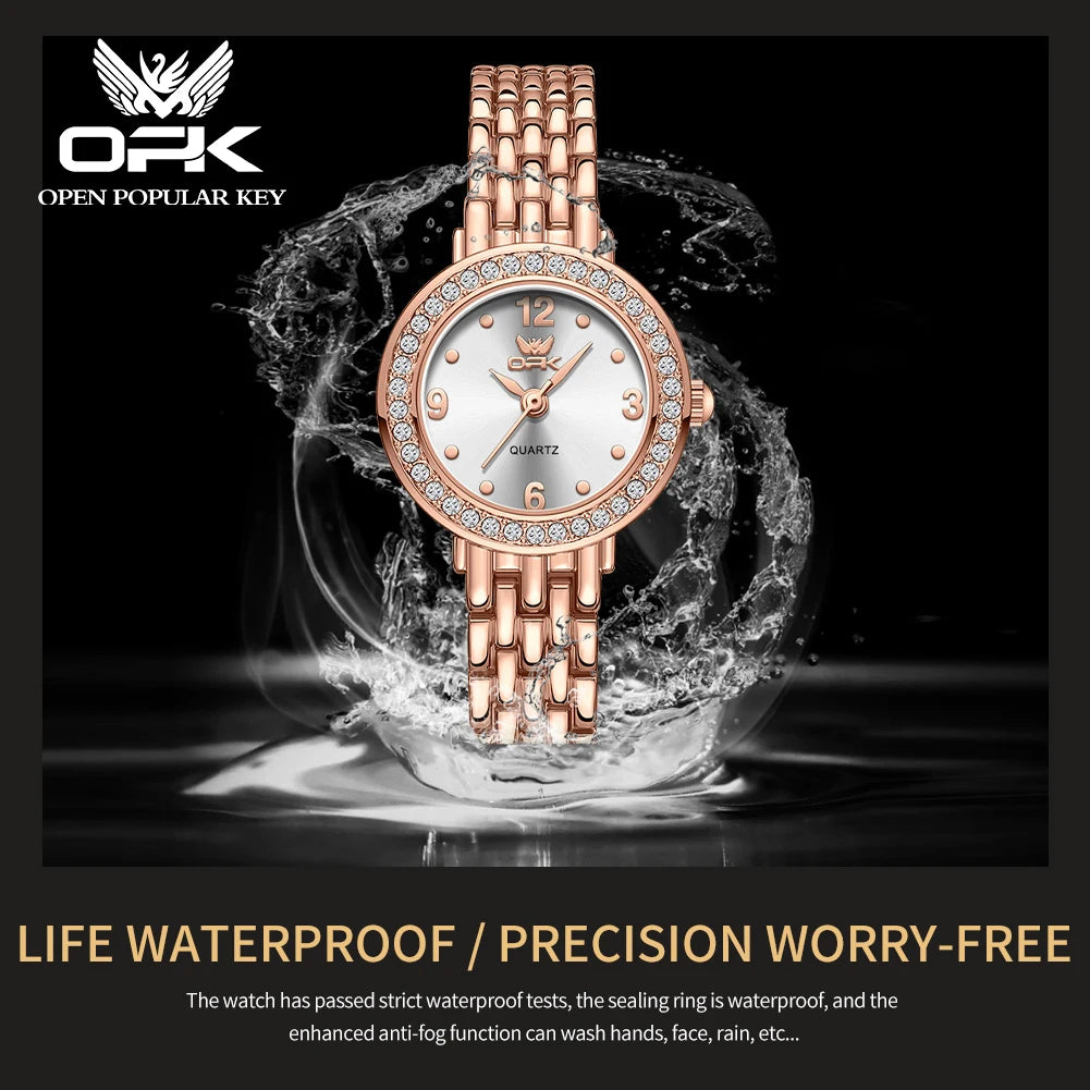 OPK brand waterproof three-pin diamond-encrusted steel belt ladies quartz watch 6009