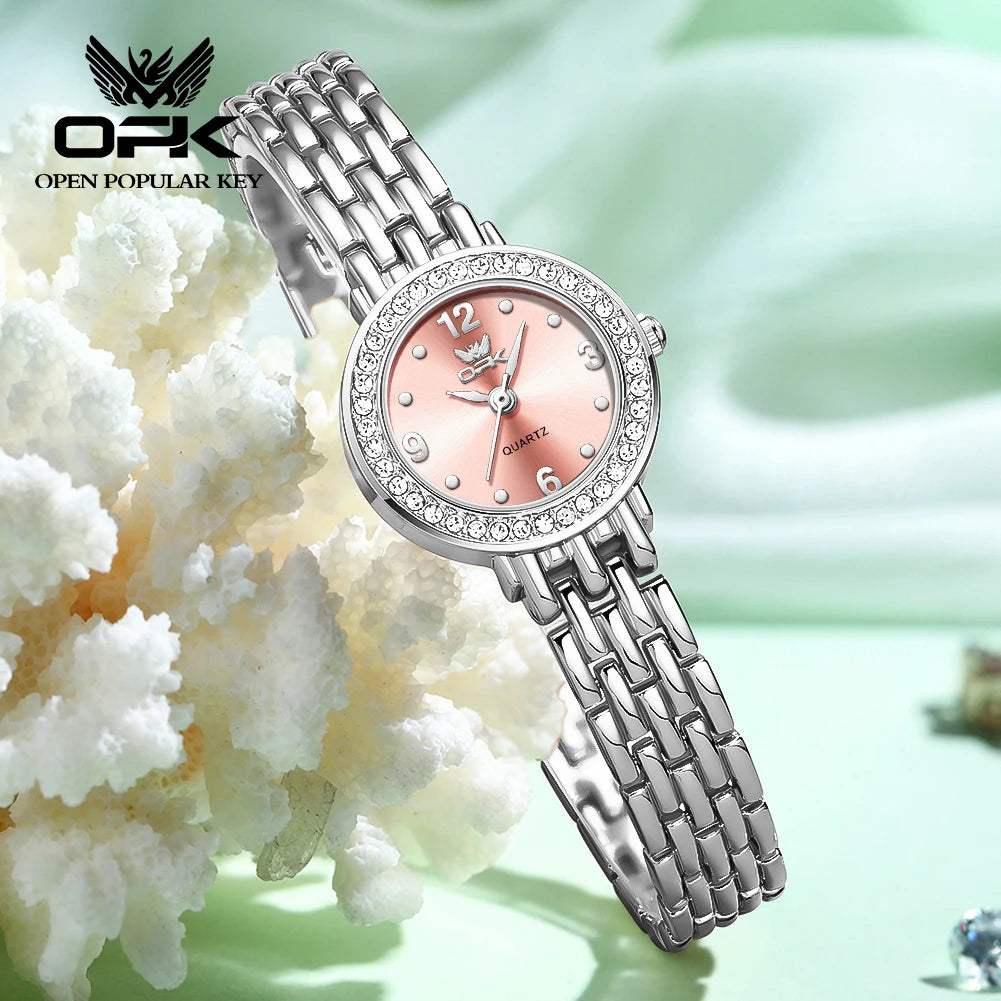 OPK brand waterproof three-pin diamond-encrusted steel belt ladies quartz watch 6009