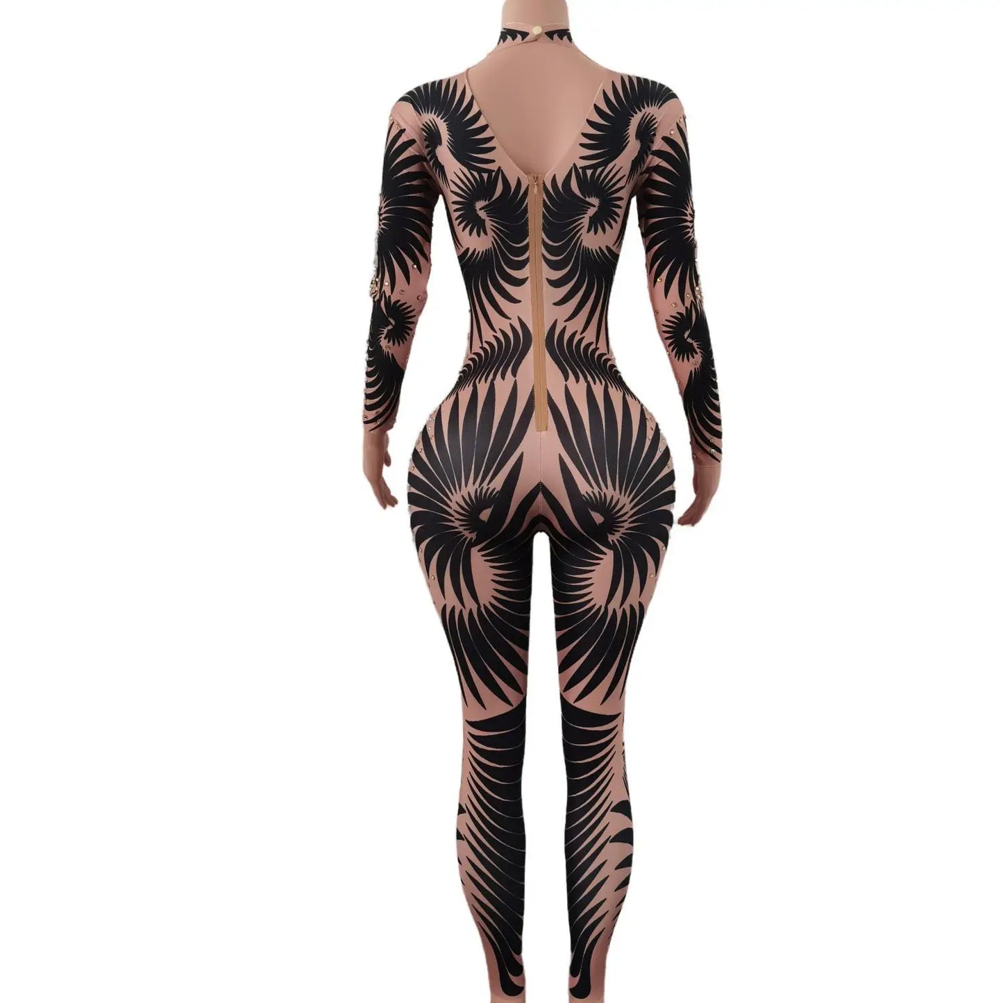 Sparkly Stone Feather Print Jumpsuit Women Sexy Party Bodysuit  Pole Dancer Performance Costume