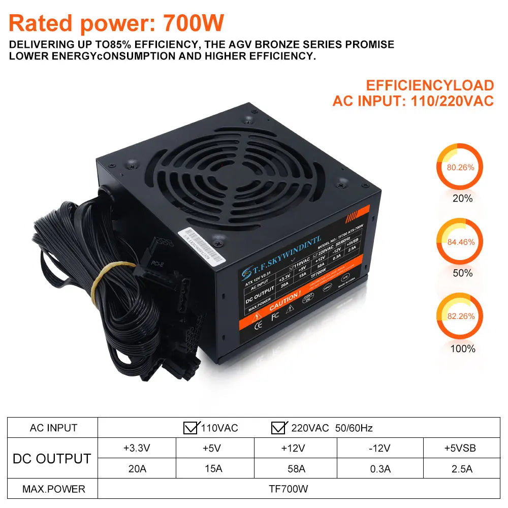 700W PC PSU Power Supply unit Black Gaming Quiet 120mm  Fan 24pin 12V ATX Desktop computer Power Supply for BTC